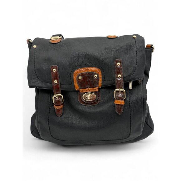 Black Faux Leather Convertible Backpack With Brown Accents & Gold Hardware - Picture 1 of 4